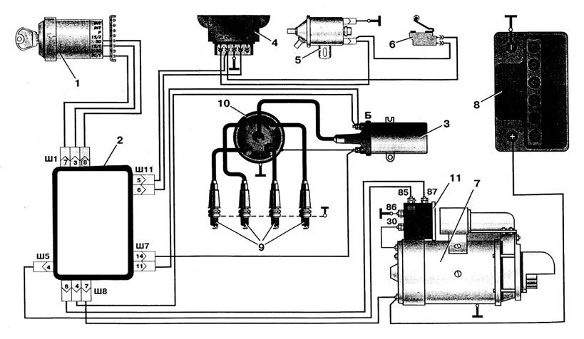 Схема соединений системы зажигания двигателя модели 331