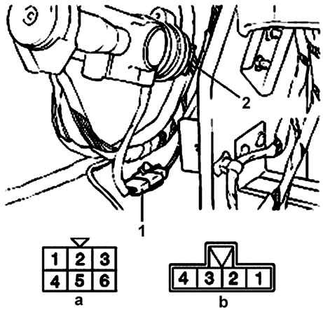 Расположение разъемов (1) контрольных ламп двери и выключателя (2) зажигания