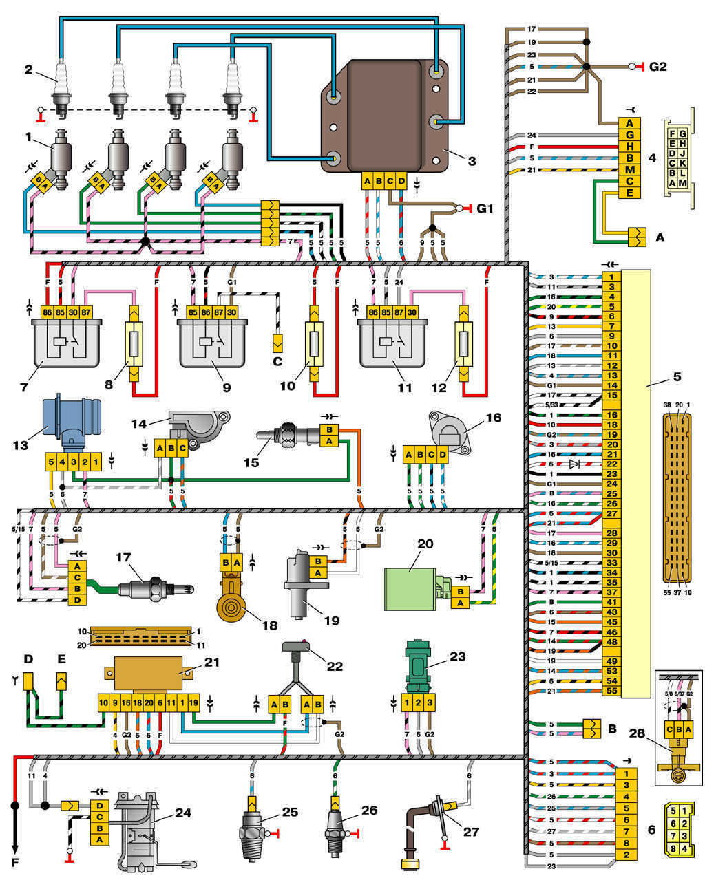  Схема управления двигателями 2111 и 2112 (конт. М1.5.4N, «Январь-5.1») ВАЗ 2110