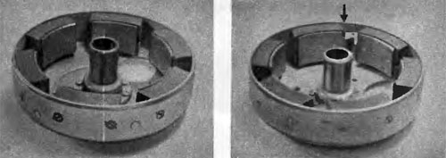 Рис. 2. Маховики генератора: слева — прежнего выпуска, справа — измененный: стрелкой показаны «язык» полюсного башмака и окно