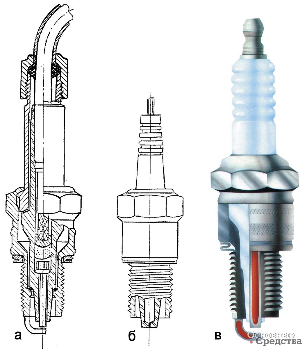 Рис.9 Свечи различных конструкций: а - свеча для экранированной проводки и водонепроницаемая; б - свеча с платиновым электродом; в - свеча с биметаллическими электродами;