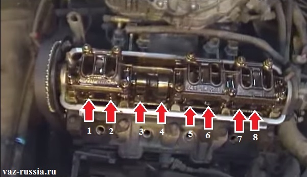 Стрелками показаны места где находятся сами клапана, а так же их толкатели и регулировочные шайбы, так же стрелки на кулачки распределительного вала указывают