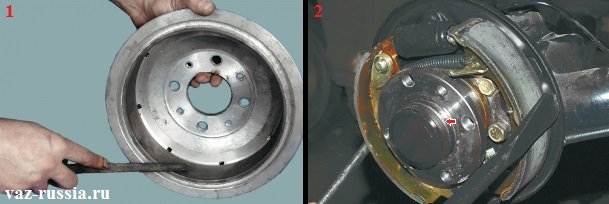 Снятие напильником буртика с рабочей поверхности тормозного барабана и сведение тормозных колодок друг к другу