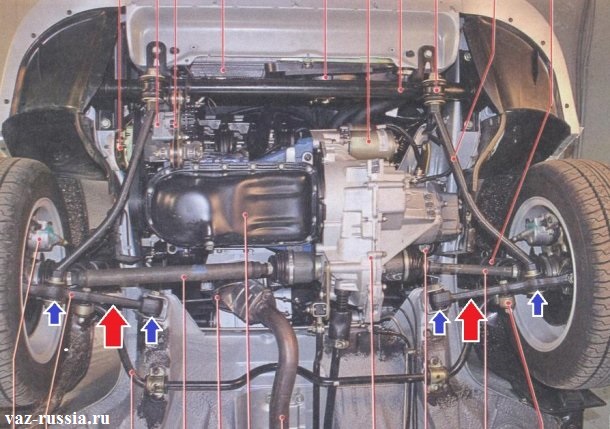 Рычаги передней подвески показаны красными стрелками и места установки сайлентблоков указаны синими стрелками