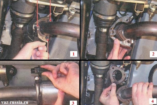 Отсоединение приёмной трубы от выпускного коллектора и снятие находящейся между ними прокладки
