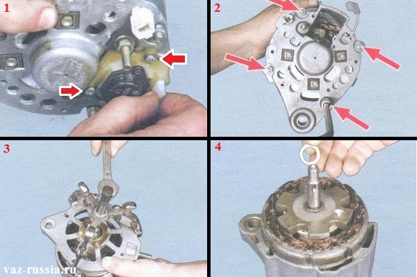 Снятие щёточного узла и снятие крышки с генератора