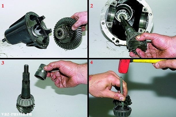 Снятие ведомой шестерни и вынимание ведущий из картера редуктора и снятие с неё распорной втулки и кольца заднего подшипника
